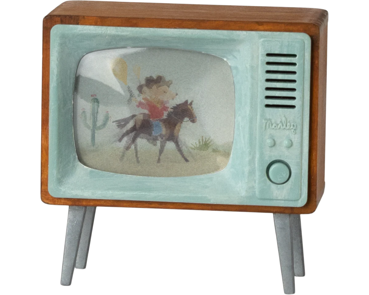 Vintage-style toy television with a cowboy on a horse screen | Maileg UK