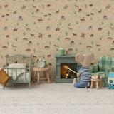 Children's room with toy mouse by a fireplace, teddy bear, and patterned wallpaper. | Maileg UK