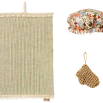 Set of miniature bath items including a textured towel, floral shower cap, and scrubber on a white background | Maileg UK