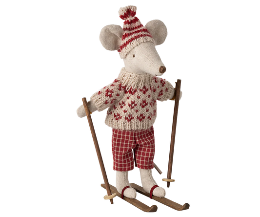 Decorative mouse figure wearing a sweater, hat, and skis on a white background |Winter mouse with ski set, Mum - Red