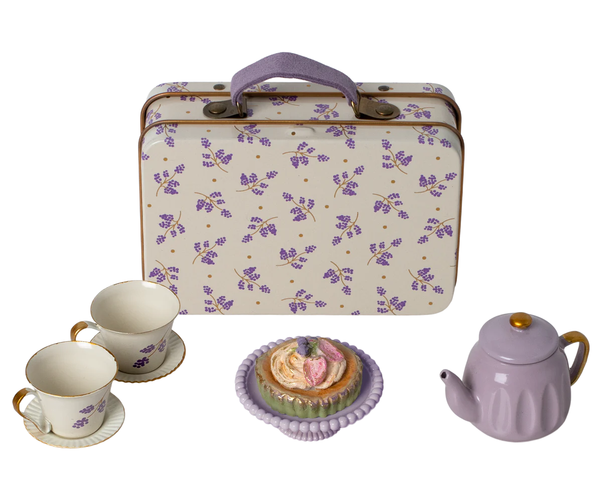 Miniature afternoon tea set with teapot cake stand and teacups in a metal suitcase. Dollhouse Miniatures