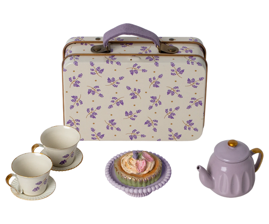 Miniature afternoon tea set with teapot cake stand and teacups in a metal suitcase. Dollhouse Miniatures