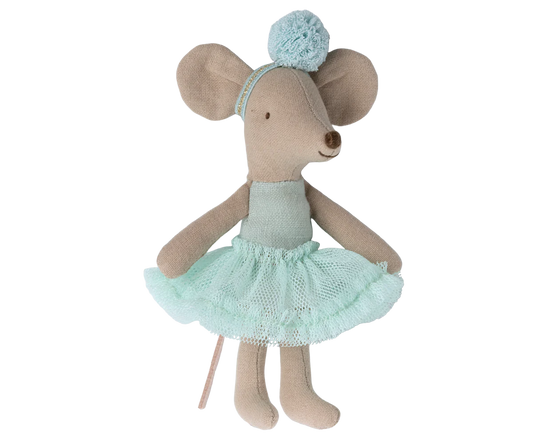 Maileg Little Sister Ballerina mouse in a sky blue tutu and headband. Collectable toys