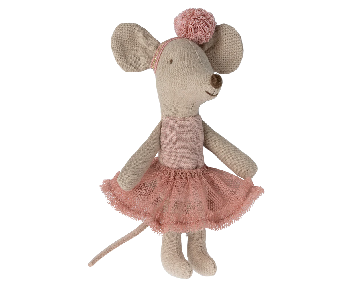 Maileg Little Sister bellerina mouse in her dusky pink tutu and headband. Collectable heirloom toys