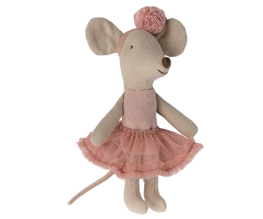 Maileg Little Sister bellerina mouse in her dusky pink tutu and headband. Collectable heirloom toys