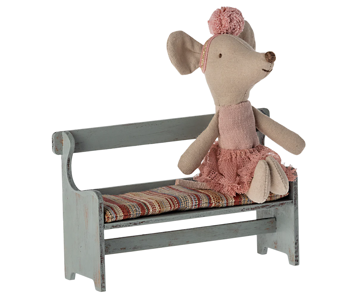 Maileg Grey wooden Mouse size bench with little sister balllerina mouse sat on it | Collectable Dollhouse miniatures