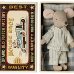 Maileg Big Brother Mouse in Matchbox with blue checked bedding wearing his stripe blue pyjamas | Collectable Heirloom Toys