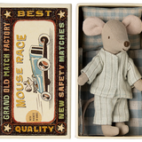 Maileg Big Brother Mouse in Matchbox with blue checked bedding wearing his stripe blue pyjamas | Collectable Heirloom Toys