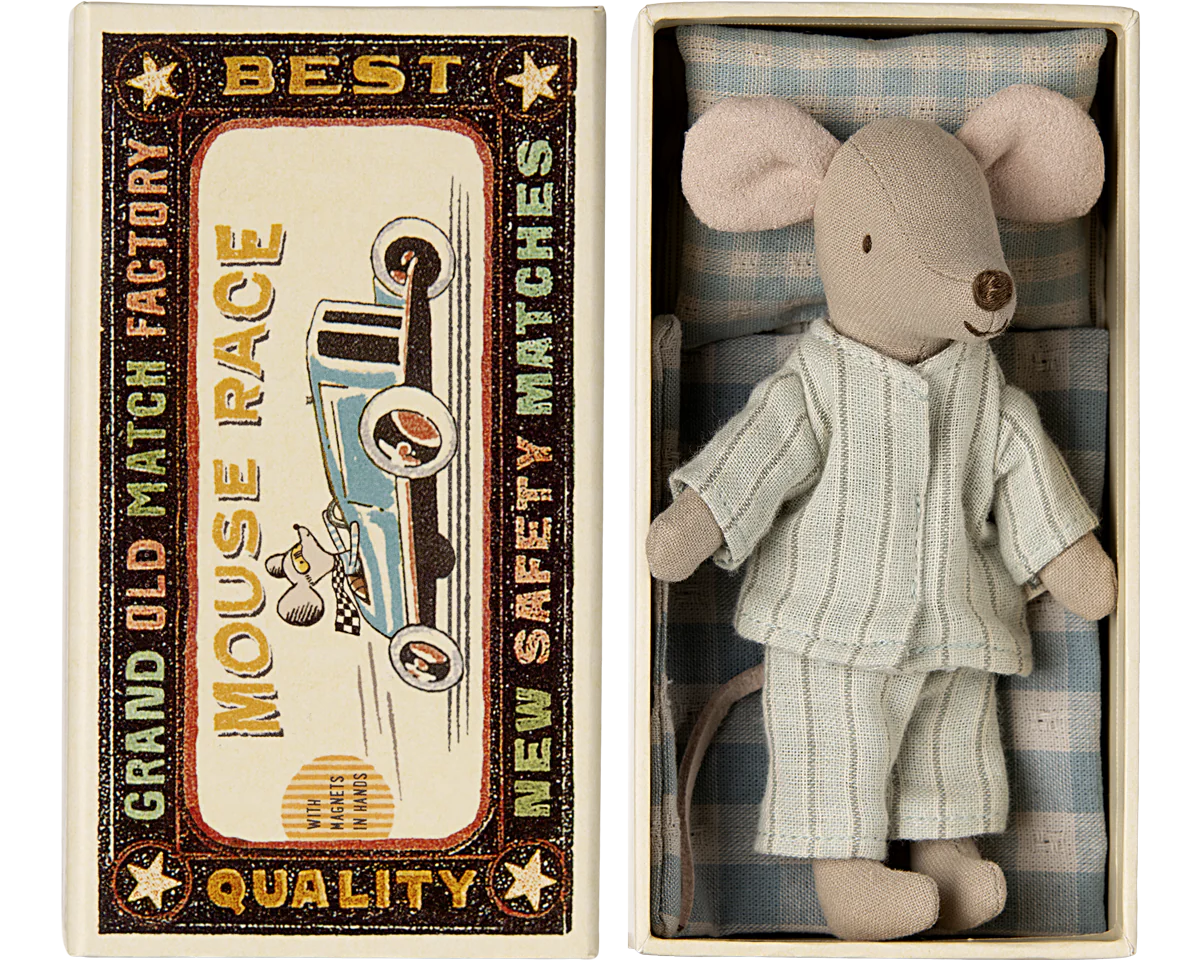 Maileg Big Brother Mouse in Matchbox with blue checked bedding wearing his stripe blue pyjamas | Collectable Heirloom Toys