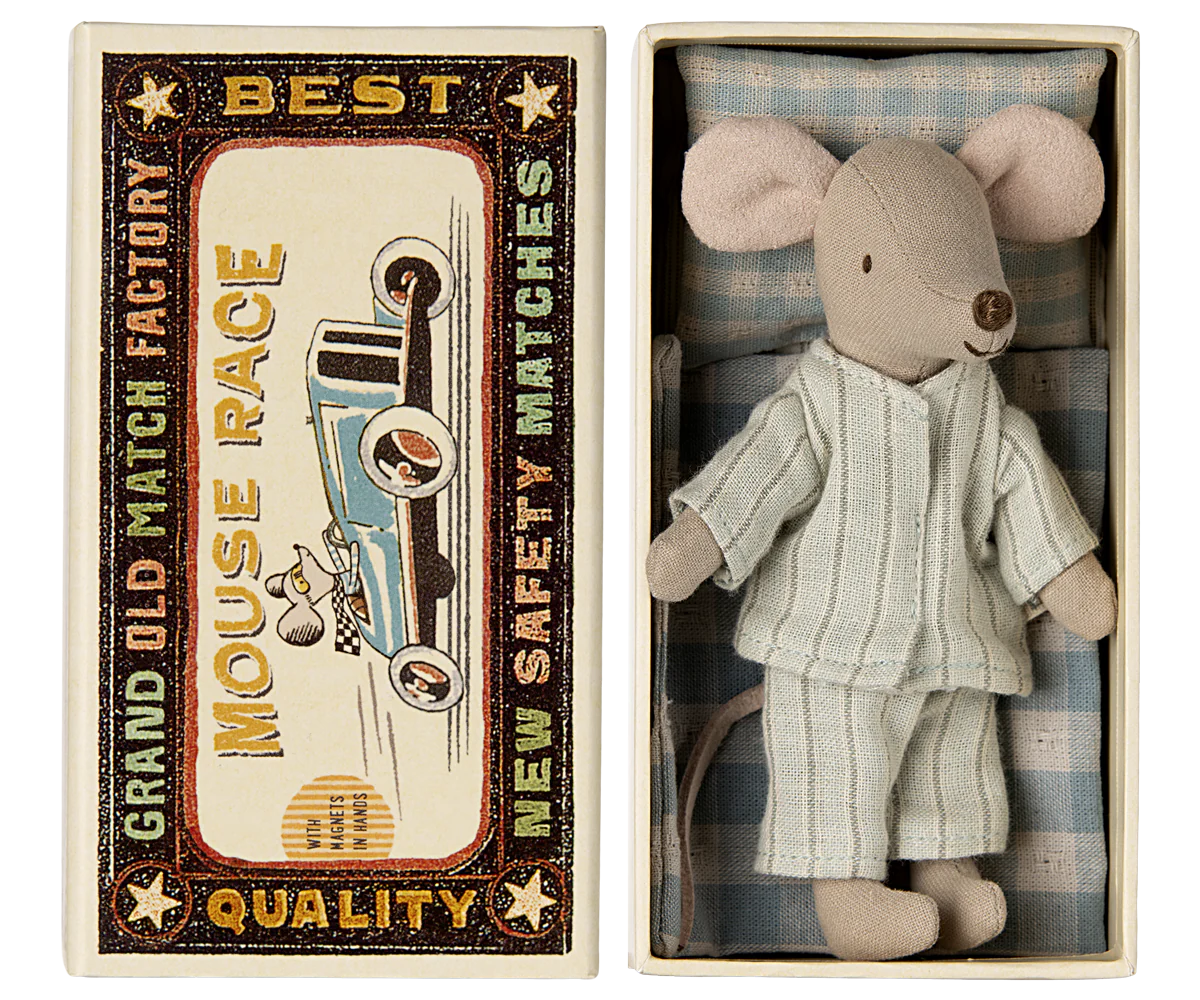 Maileg Big Brother Mouse in Matchbox with blue checked bedding wearing his stripe blue pyjamas | Collectable Heirloom Toys