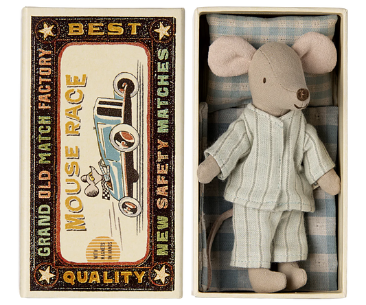 Maileg Big Brother Mouse in Matchbox with blue checked bedding wearing his stripe blue pyjamas | Collectable Heirloom Toys