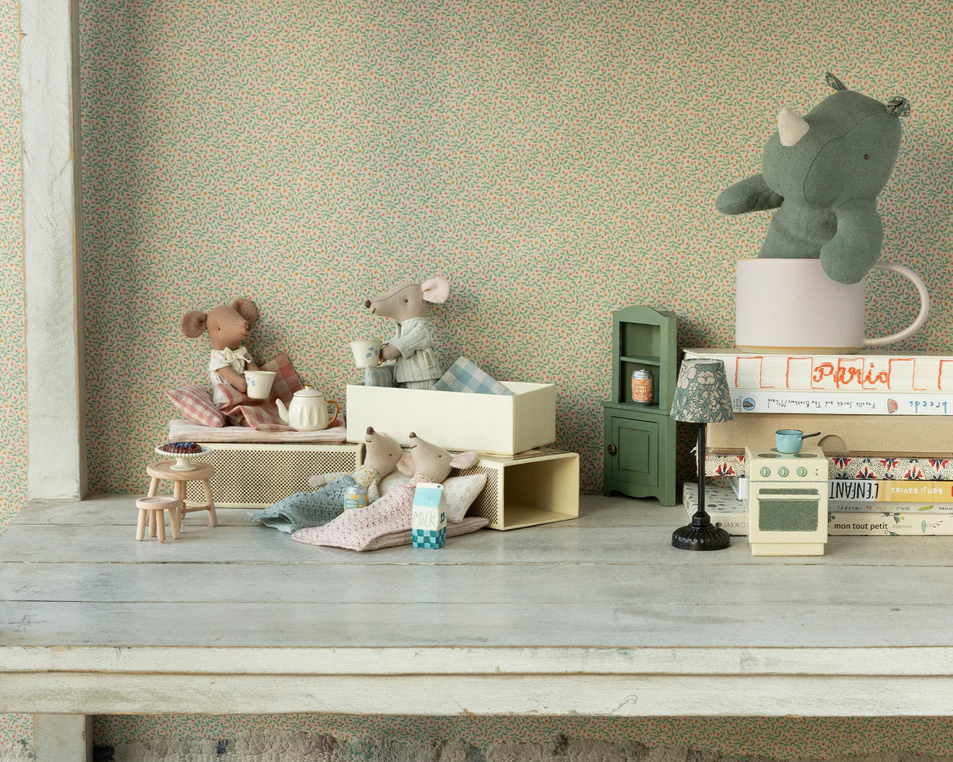 Maileg big brother mouse with his mice pals enjoying a cup of tea in his matchbox bed |Collectable Heirloom Toys