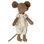 Maileg Big sister brown mouse wearing her cream pyjamas with yellow flowers on | Collectable Heirloom Toys