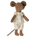 Maileg Big sister brown mouse wearing her cream pyjamas with yellow flowers on | Collectable Heirloom Toys