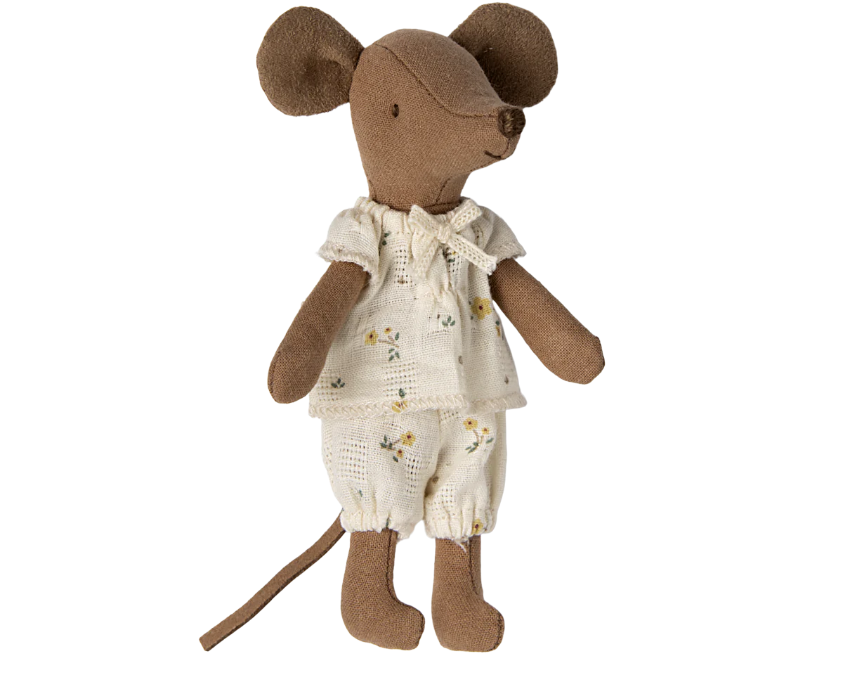 Maileg Big sister brown mouse wearing her cream pyjamas with yellow flowers on | Collectable Heirloom Toys