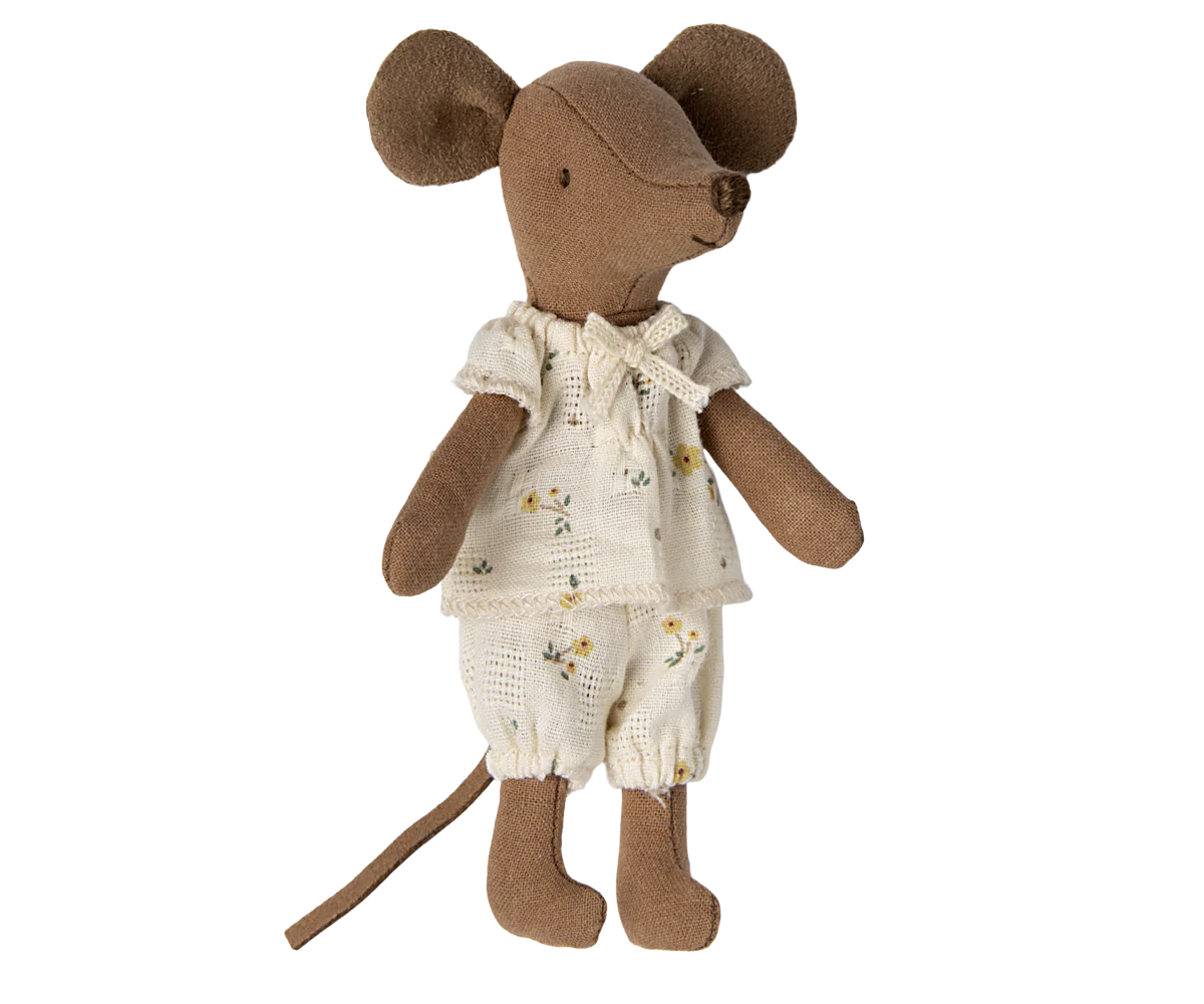 Maileg Big sister brown mouse wearing her cream pyjamas with yellow flowers on | Collectable Heirloom Toys