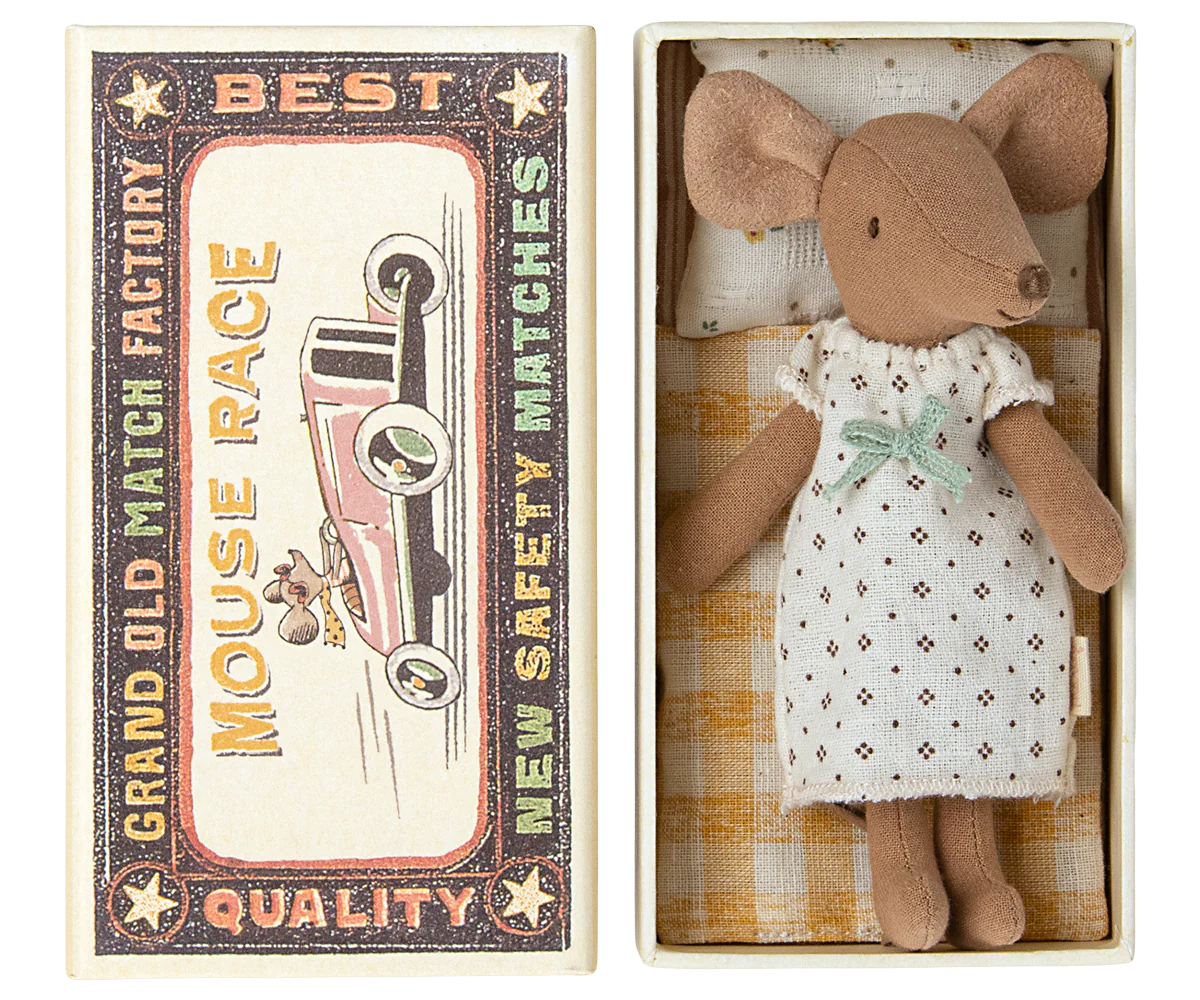 Maileg Big Sister Mouse in her nightgown and matchbox bed | Collectable Heirloom toys