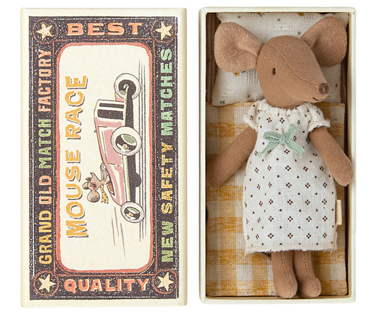 Maileg Big Sister Mouse in her nightgown and matchbox bed | Collectable Heirloom toys