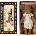 Maileg Big Sister Mouse in her checked bedding matchbox wearing pyjamas with yellow flowers on | Collectable Heirloom Toys