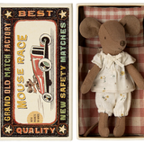 Maileg Big Sister Mouse in her checked bedding matchbox wearing pyjamas with yellow flowers on | Collectable Heirloom Toys