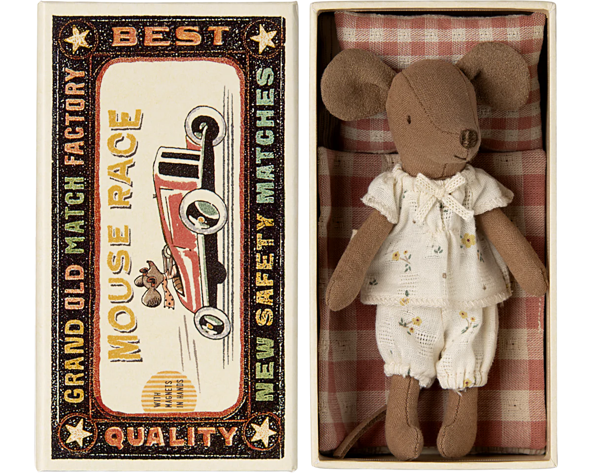 Maileg Big Sister Mouse in her checked bedding matchbox wearing pyjamas with yellow flowers on | Collectable Heirloom Toys