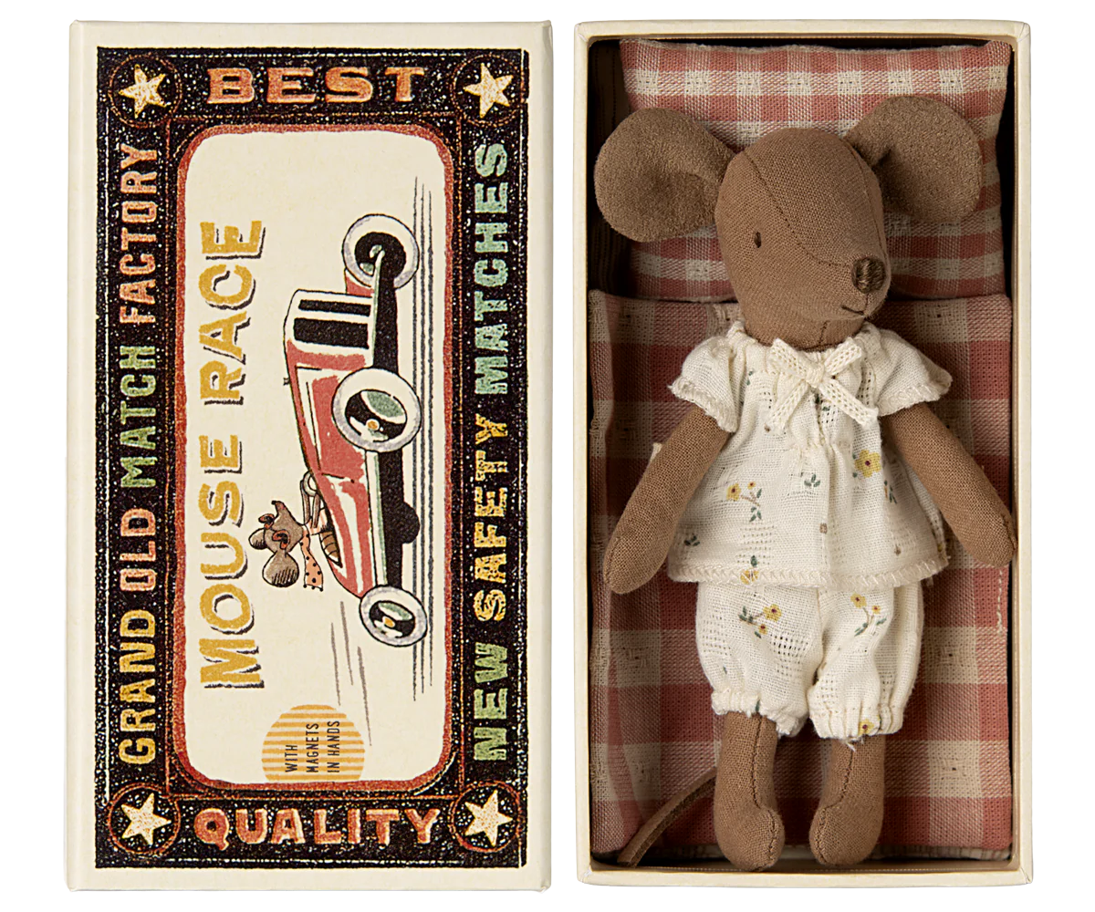 Maileg Big Sister Mouse in her checked bedding matchbox wearing pyjamas with yellow flowers on | Collectable Heirloom Toys