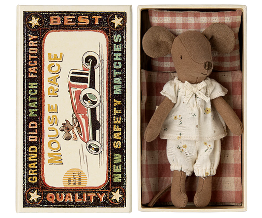 Maileg Big Sister Mouse in her checked bedding matchbox wearing pyjamas with yellow flowers on | Collectable Heirloom Toys