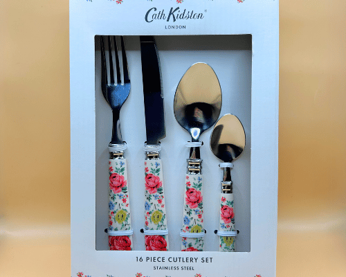 Box set of 16 piece stainless steel cutlery with cath kidston floral handles knife, fork, desert spoon and tea spoon. Kitsch vintage style