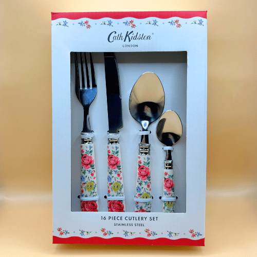 Box set of 16 piece stainless steel cutlery with cath kidston floral handles knife, fork, desert spoon and tea spoon. Kitsch vintage style