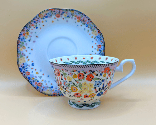 bone chin cup and saucer in cath kidston ditsy floral pattern perfect for afternoon tea at home or tea parties