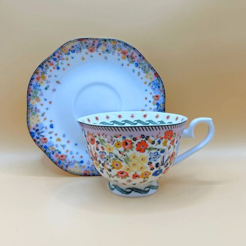 bone chin cup and saucer in cath kidston ditsy floral pattern perfect for afternoon tea at home or tea parties