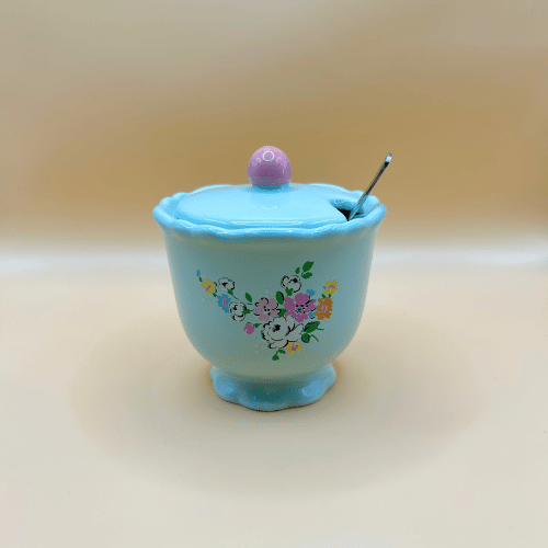 Blue Teal sugar pot with lid and spoon, in a classic shape with pink details and floral cath kidston kitsch pattern