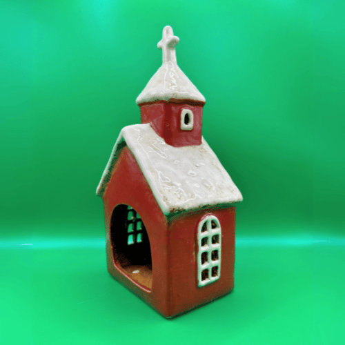 Ceramic Christmas Red Church Tea Light Candle Holder | Christmas Decor