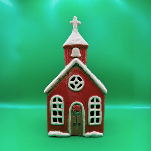 Ceramic Christmas Red Church Tea Light Candle Holder | Christmas Decor