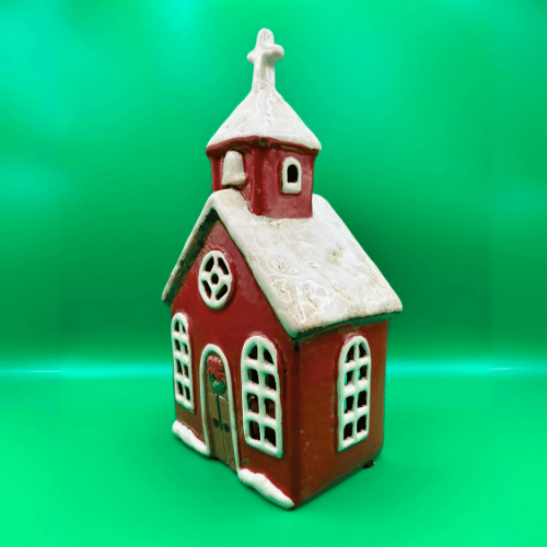 Ceramic Christmas Red Church Tea Light Candle Holder | Christmas Decor