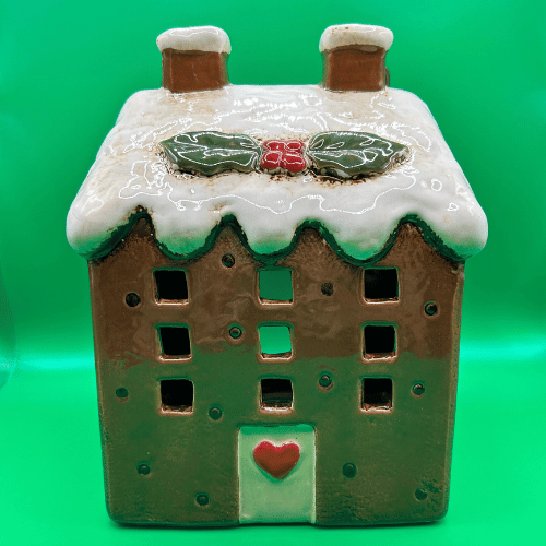 Ceramic Tea Light Candle holder cottage Christmas Pudding with Handle removed and snowy roof | Christmas Decor