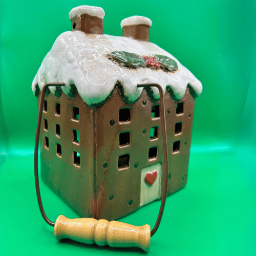 Ceramic Tea Light Candle holder cottage Christmas Pudding with Handle removed and snowy roof | Christmas Decor