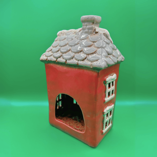 Christmas Ceramic Tea Light Candle House, red with tiled snowy roof, viewed from the back with an opening for tea light candle or fairy lights | Christmas Decor