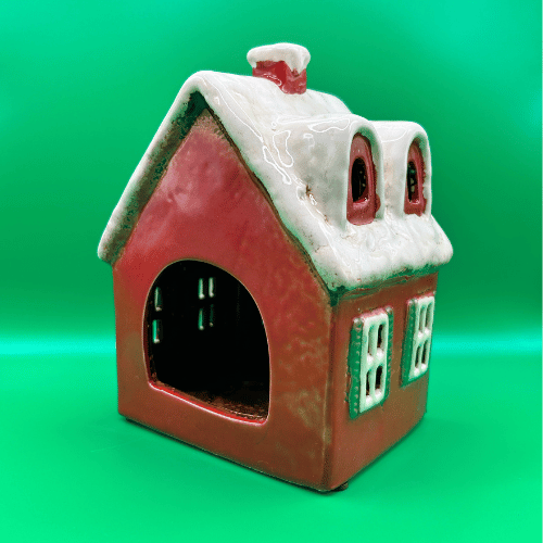 Ceramic Cottage for a tea light candle or fairy lights in red with snowy roof opening at the back for a small candle or lights | Christmas Decor