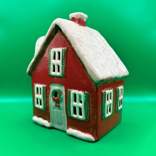 Ceramic Cottage for a tea light candle or fairy lights in red with snowy roof and christmas wreath on the door | Christmas Decor