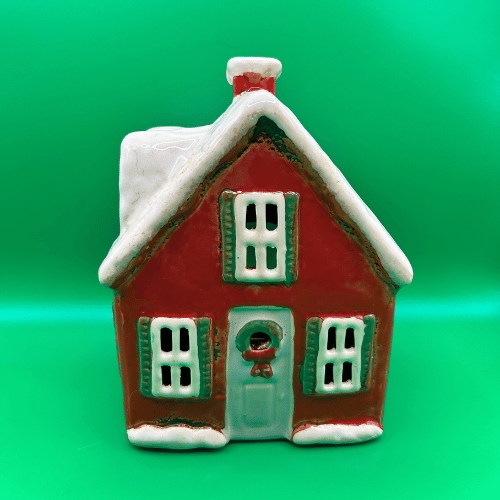 Ceramic Cottage for a tea light candle or fairy lights in red with snowy roof and christmas wreath on the door | Christmas Decor