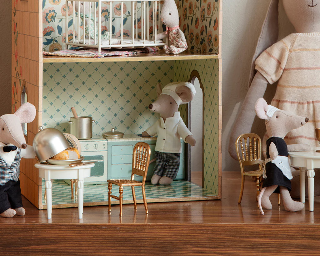 Gold Maileg Chair shown in the mouse castle | Dollhouse Miniatures