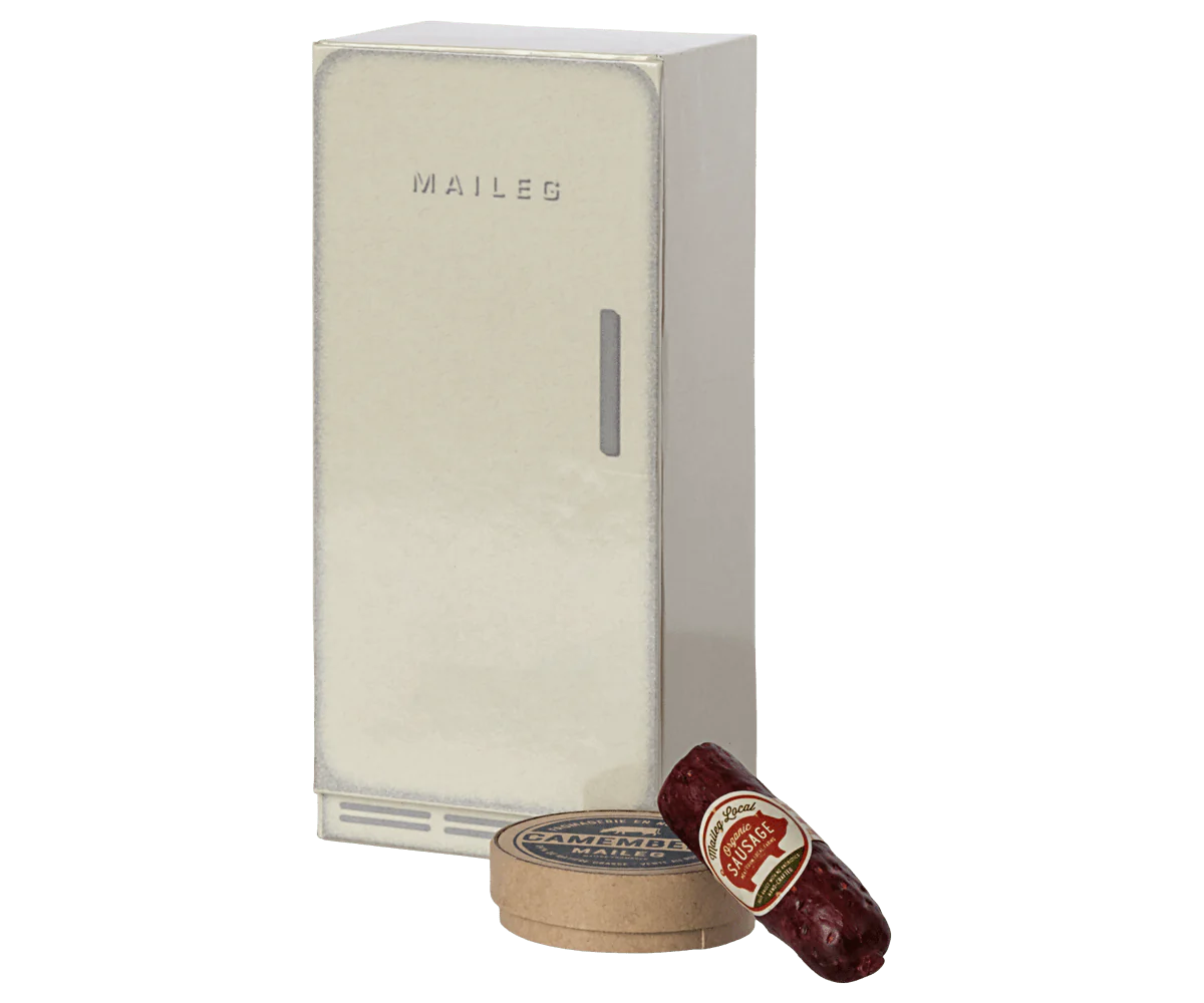 Maileg Mouse Sized Fridge with cheese and chorizo | Collectable Dollhouse miniatures