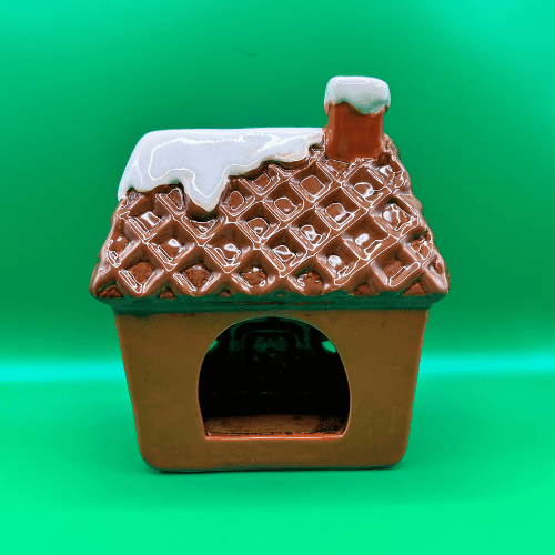 Ceramic Gingerbread Tea light Cottage from the back showing opening for fairy lights or candle | Christmas Gifting