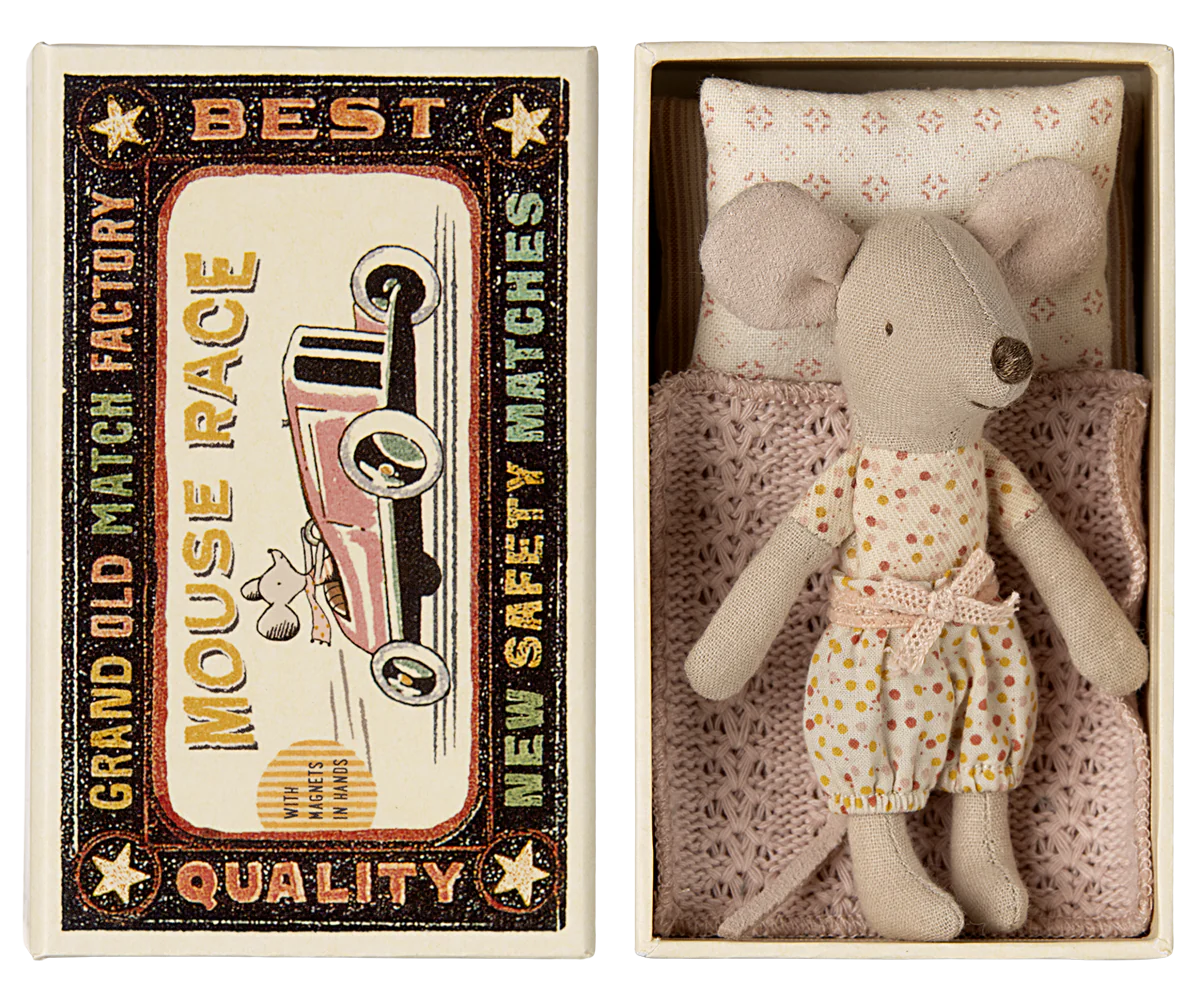 Maileg Little Sister Mouse in spotty pyjamas and matchbox bed | Collectable Heirloom Toys