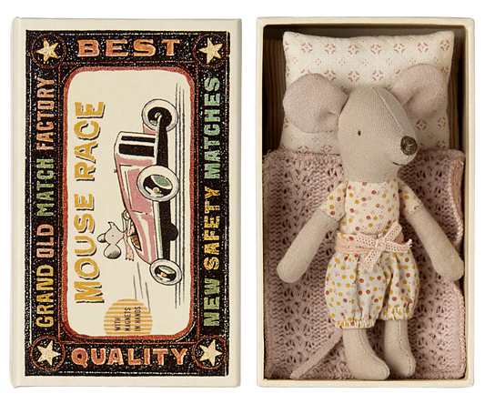 Maileg Little Sister Mouse in spotty pyjamas and matchbox bed | Collectable Heirloom Toys