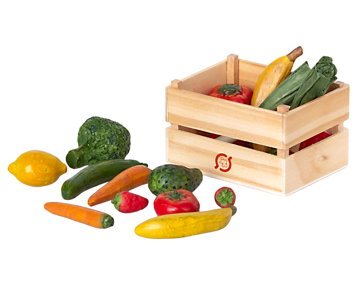 Maileg Miniature Veggies and Fruits in wooden crate | Collectable Dollhouse Miniatures