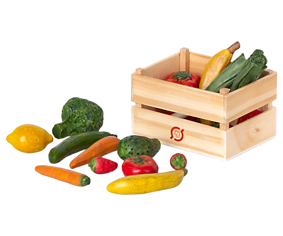 Maileg Miniature Veggies and Fruits in wooden crate | Collectable Dollhouse Miniatures