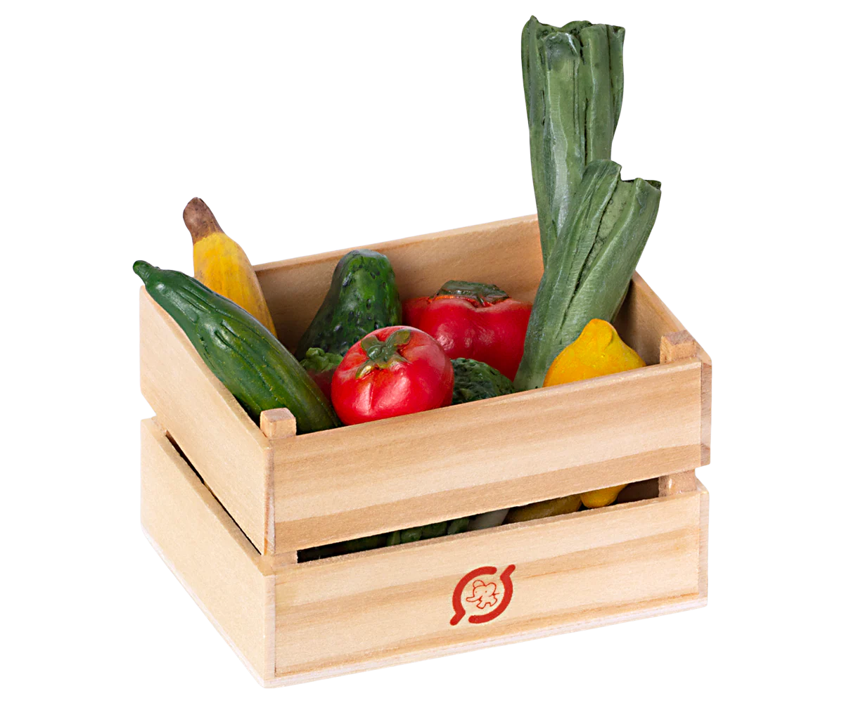 Maileg Miniature Veggies and Fruits in wooden crate | Collectable Dollhouse Miniatures