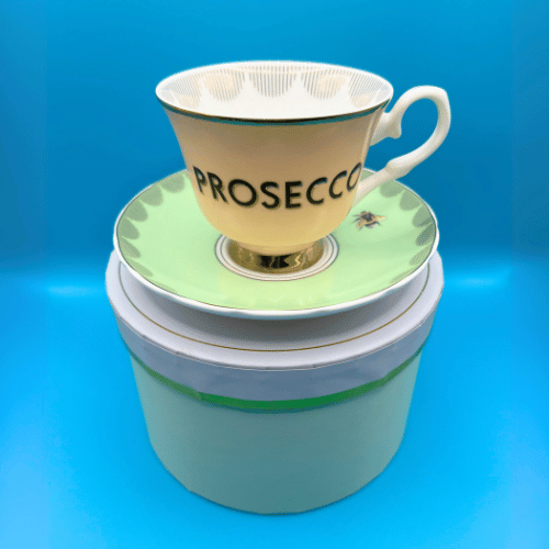 yvonne ellen boozy cup and saucer stood on its pastel colour hat box gift box making it the perfect gift for any tea (or prosecco) lover you know!